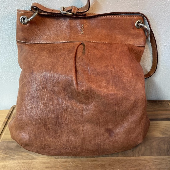 Marco Buggiani Brown Distressed Leather Hobo Bag Slouch Polka Dot Lining Italian - Picture 1 of 16